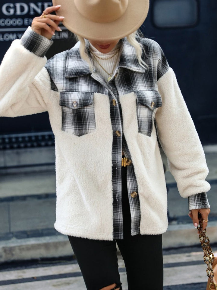 Plaid Collared Neck Button Down Jacket - Outerwear