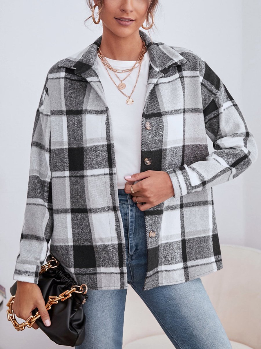 Plaid Collared Neck Button Down Jacket - Outerwear