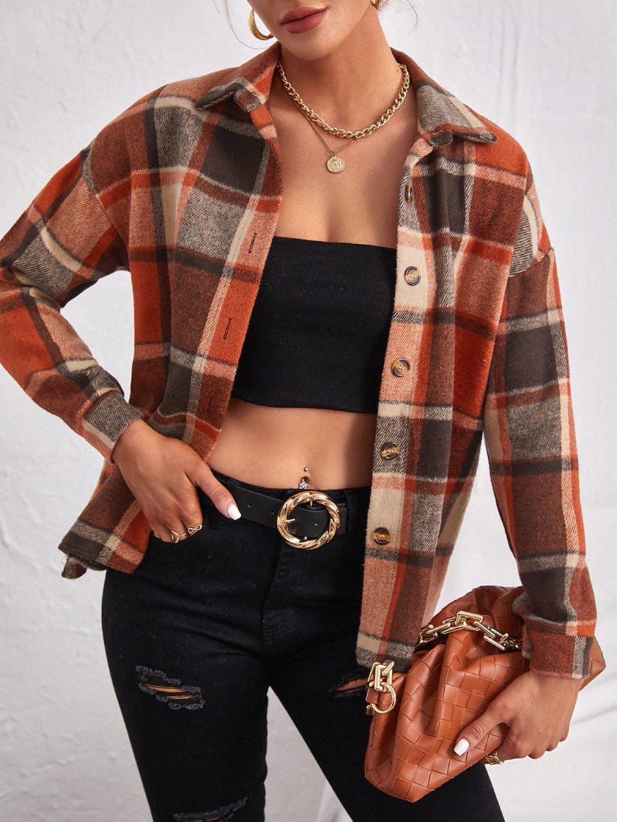 Plaid Collared Neck Button Down Jacket - Outerwear