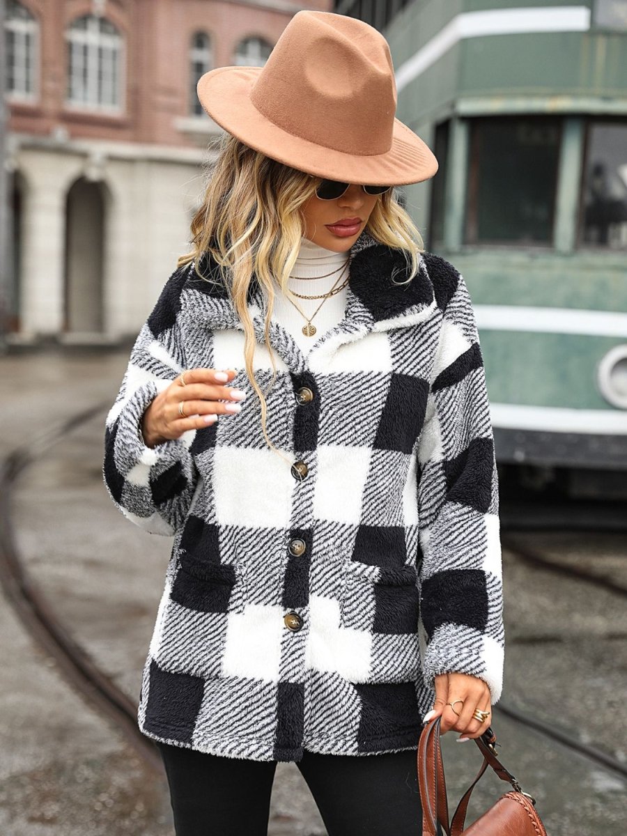 Plaid Collared Neck Button Down Jacket - Outerwear