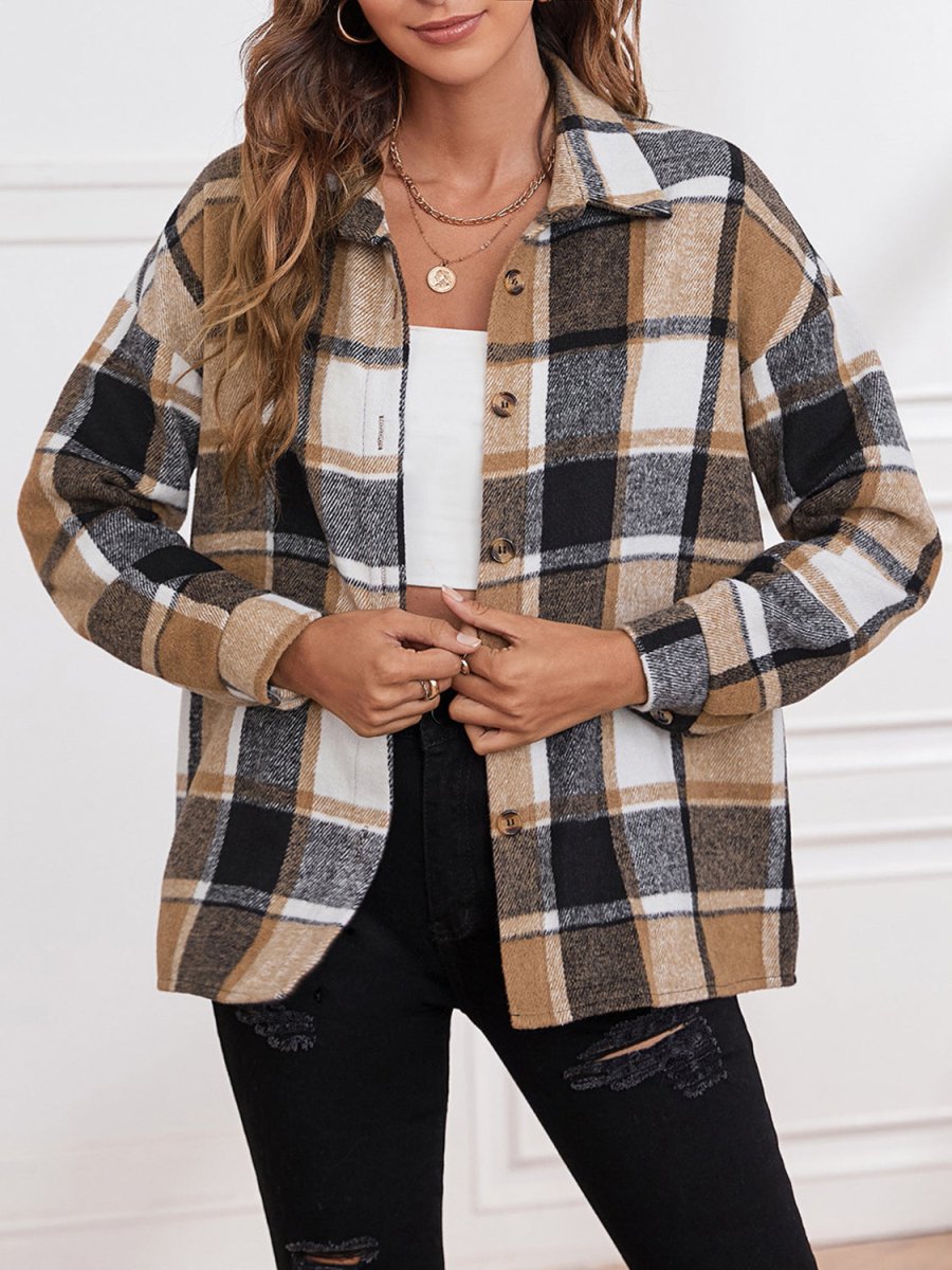Plaid Collared Neck Button Down Jacket - Outerwear