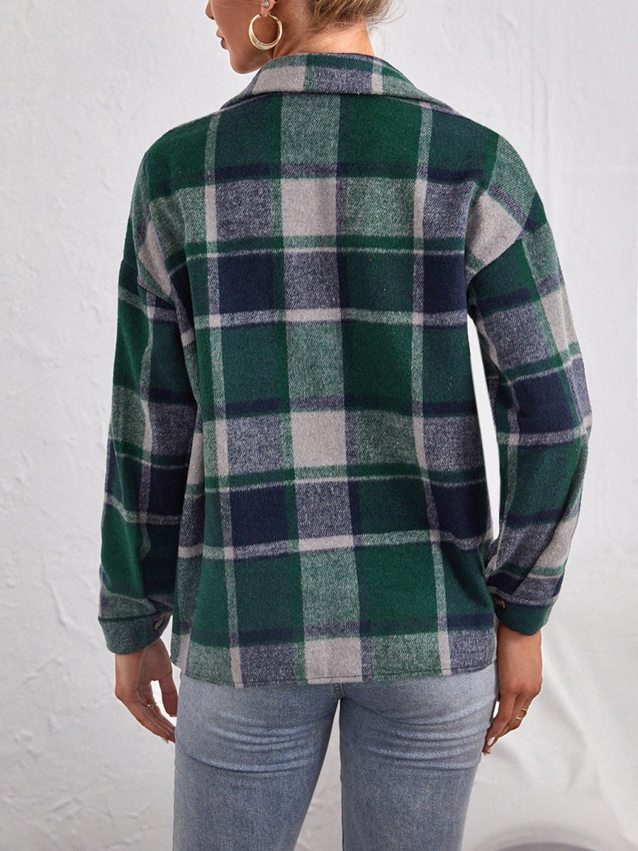 Plaid Collared Neck Button Down Jacket - Outerwear