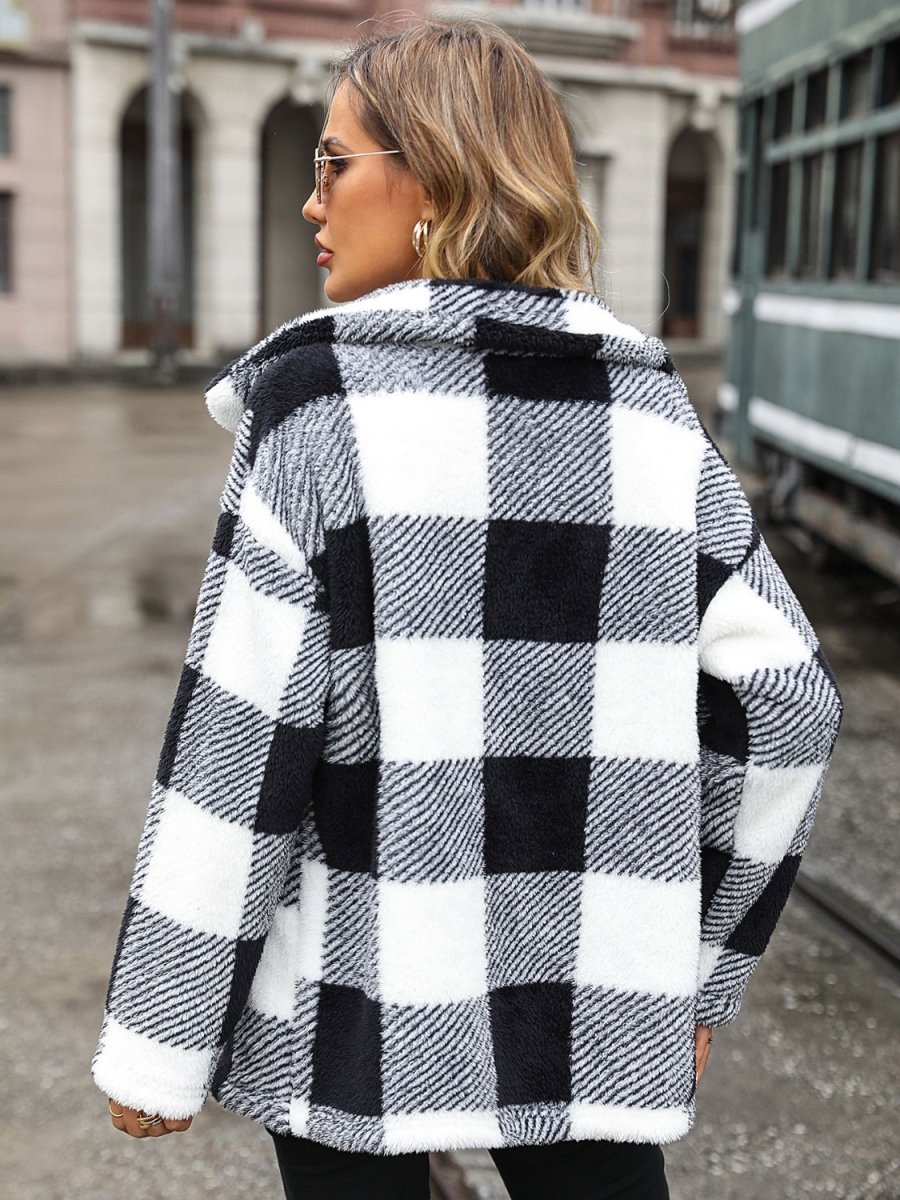 Plaid Collared Neck Button Down Jacket - Outerwear