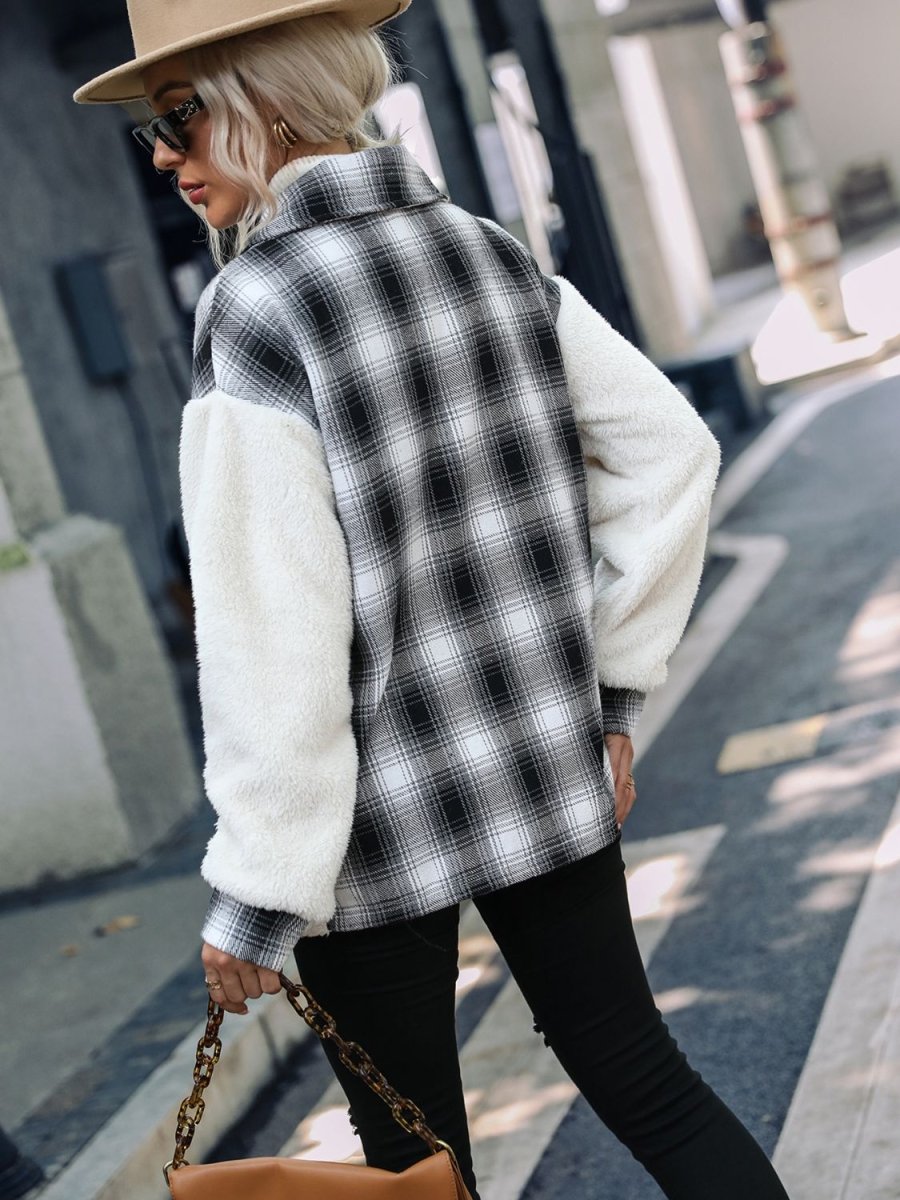 Plaid Collared Neck Button Down Jacket - Outerwear