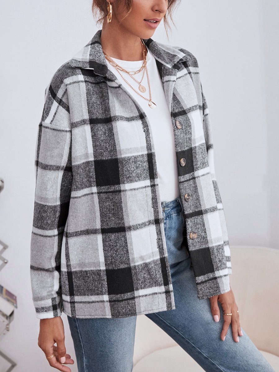 Plaid Collared Neck Button Down Jacket - Outerwear