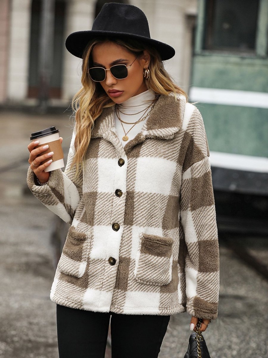 Plaid Collared Neck Button Down Jacket - Outerwear