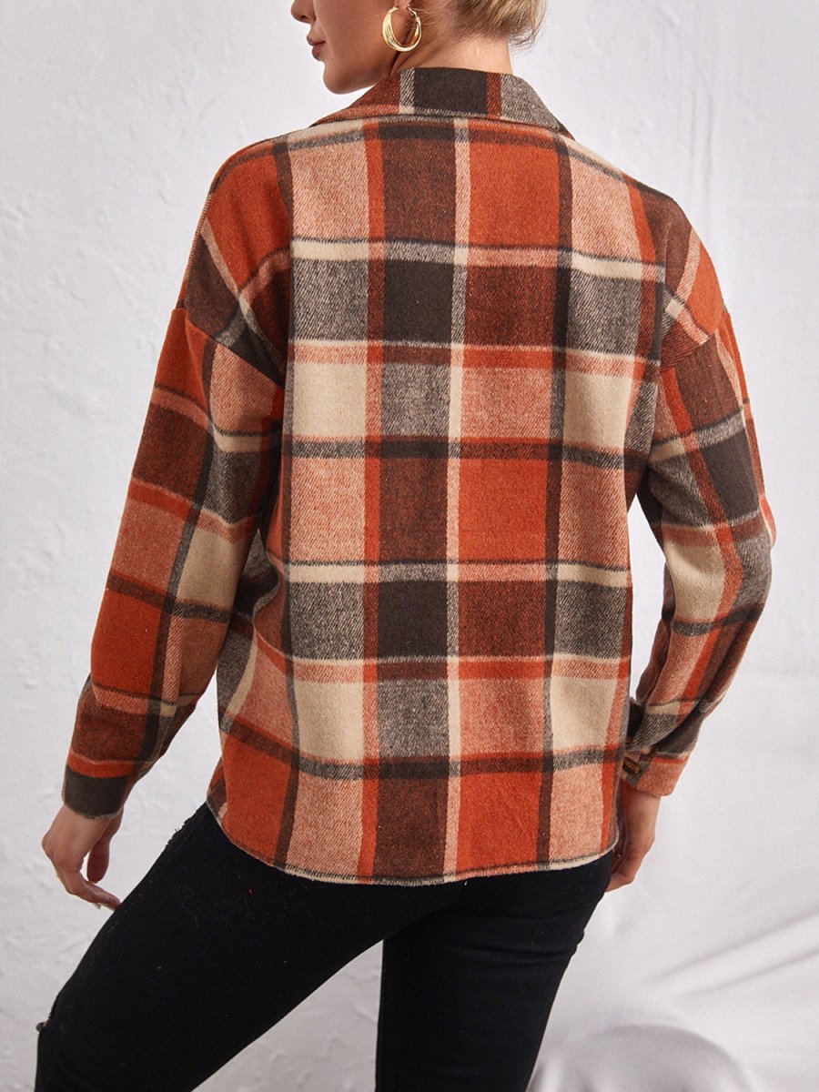 Plaid Collared Neck Button Down Jacket - Outerwear