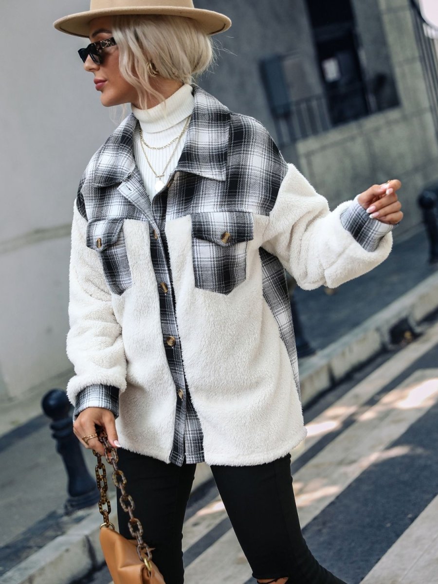 Plaid Collared Neck Button Down Jacket - Outerwear