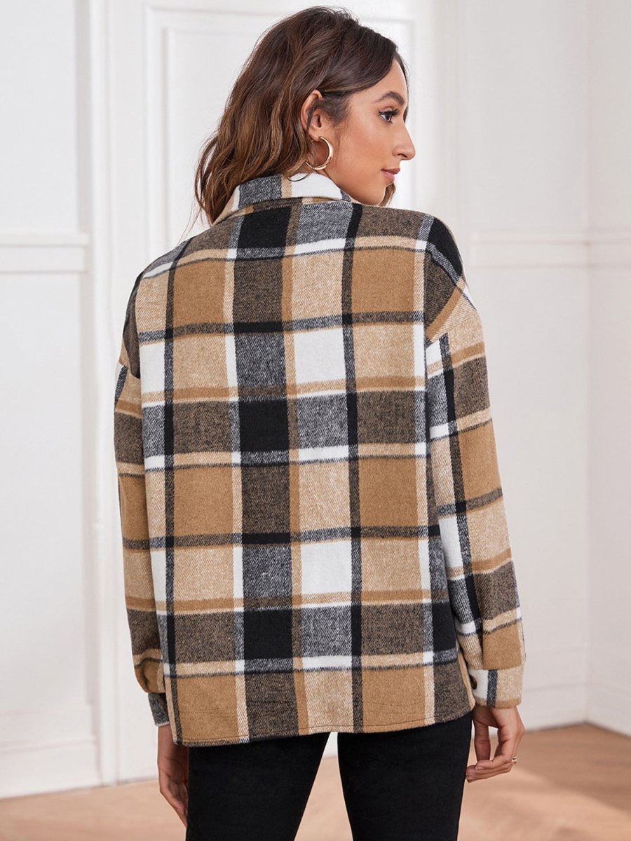Plaid Collared Neck Button Down Jacket - Outerwear