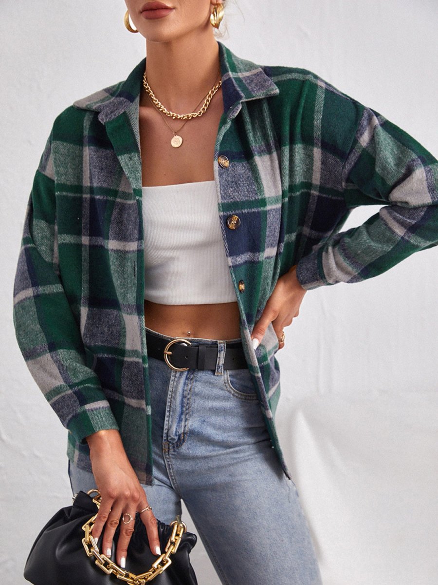 Plaid Collared Neck Button Down Jacket - Outerwear