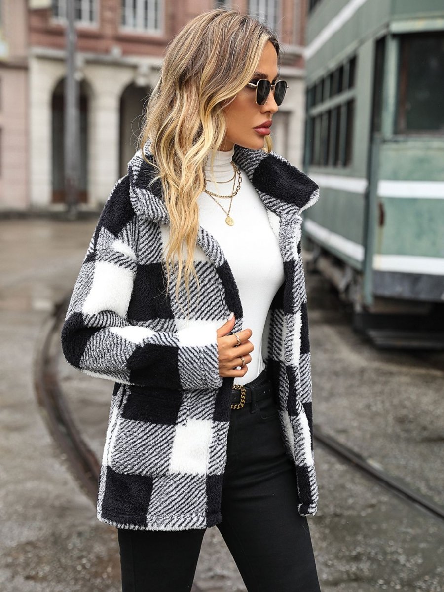 Plaid Collared Neck Button Down Jacket - Outerwear