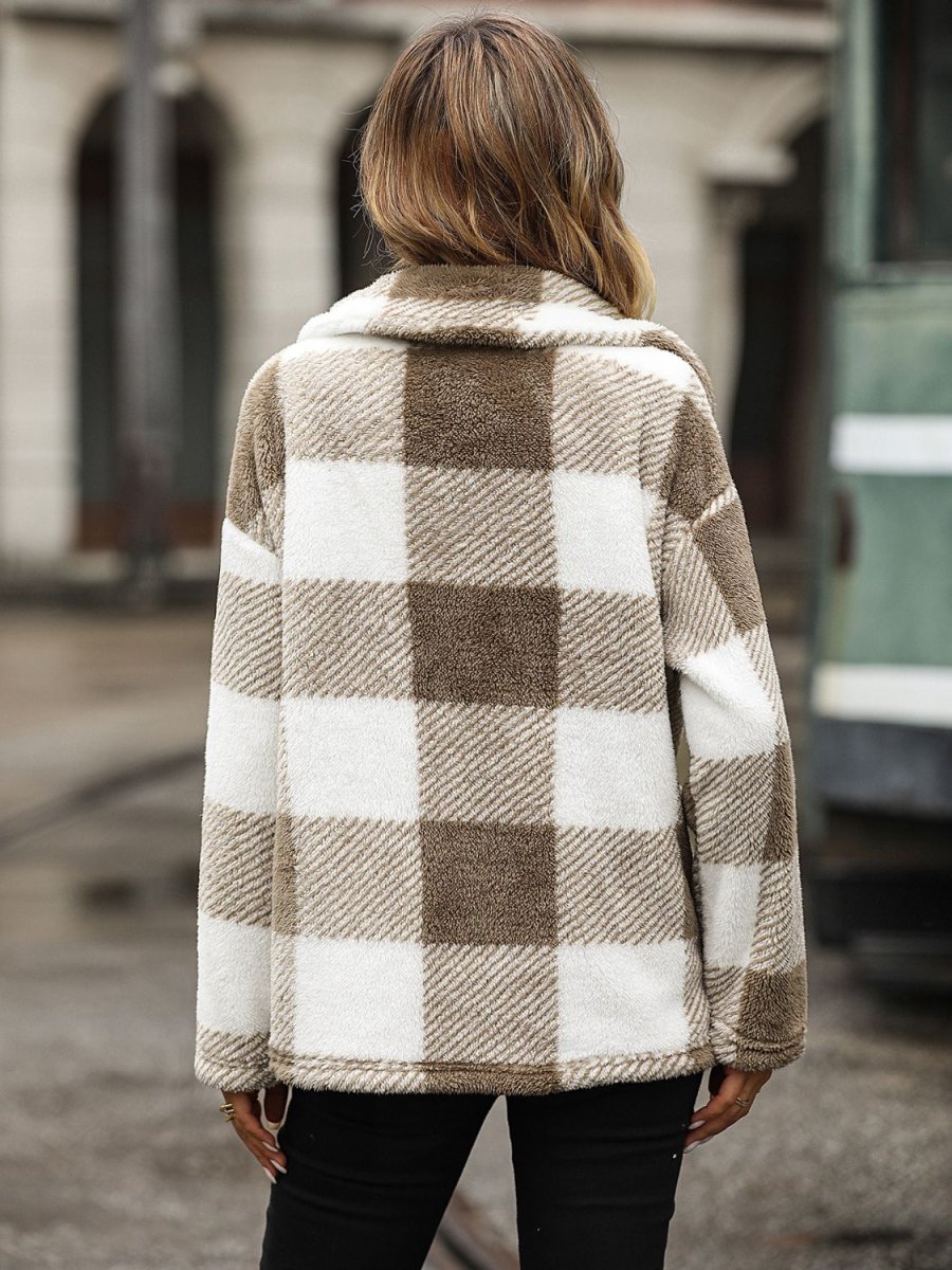 Plaid Collared Neck Button Down Jacket - Outerwear