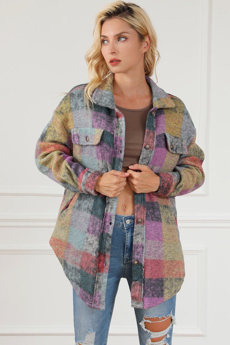 Plaid Collared Neck Button Front Jacket - Outerwear