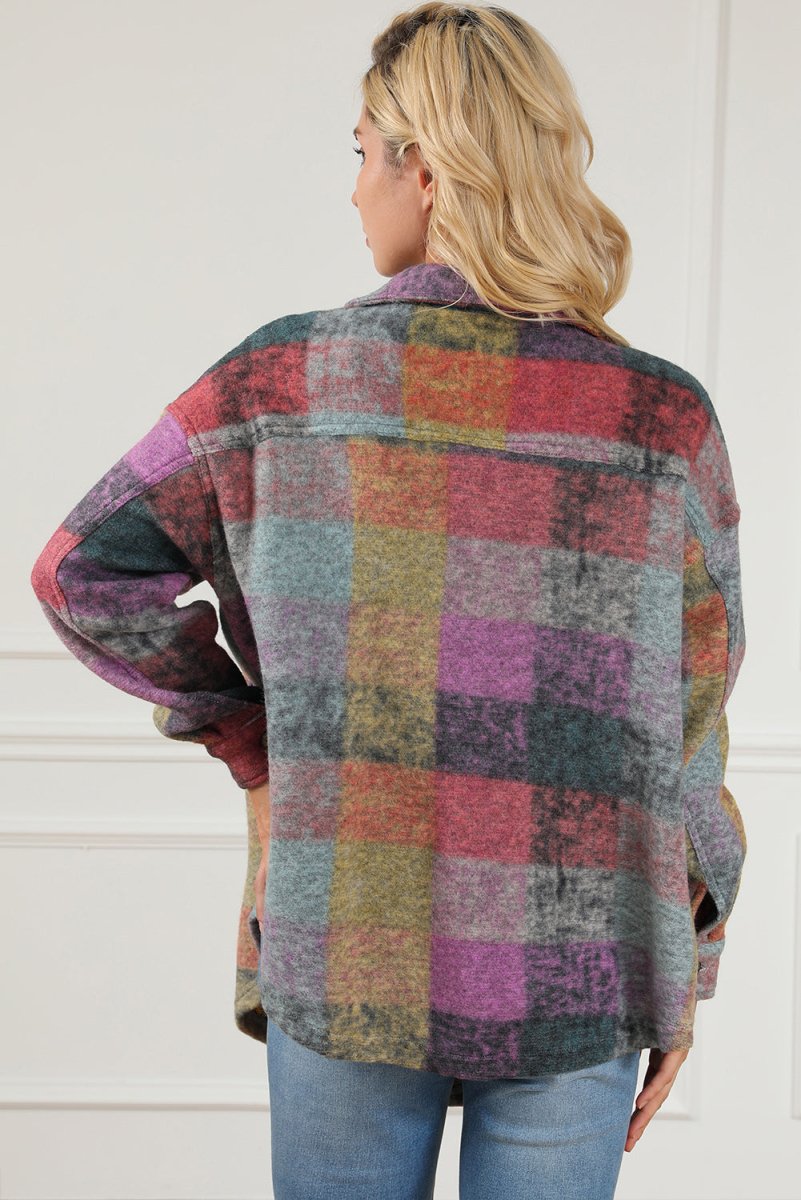 Plaid Collared Neck Button Front Jacket - Outerwear