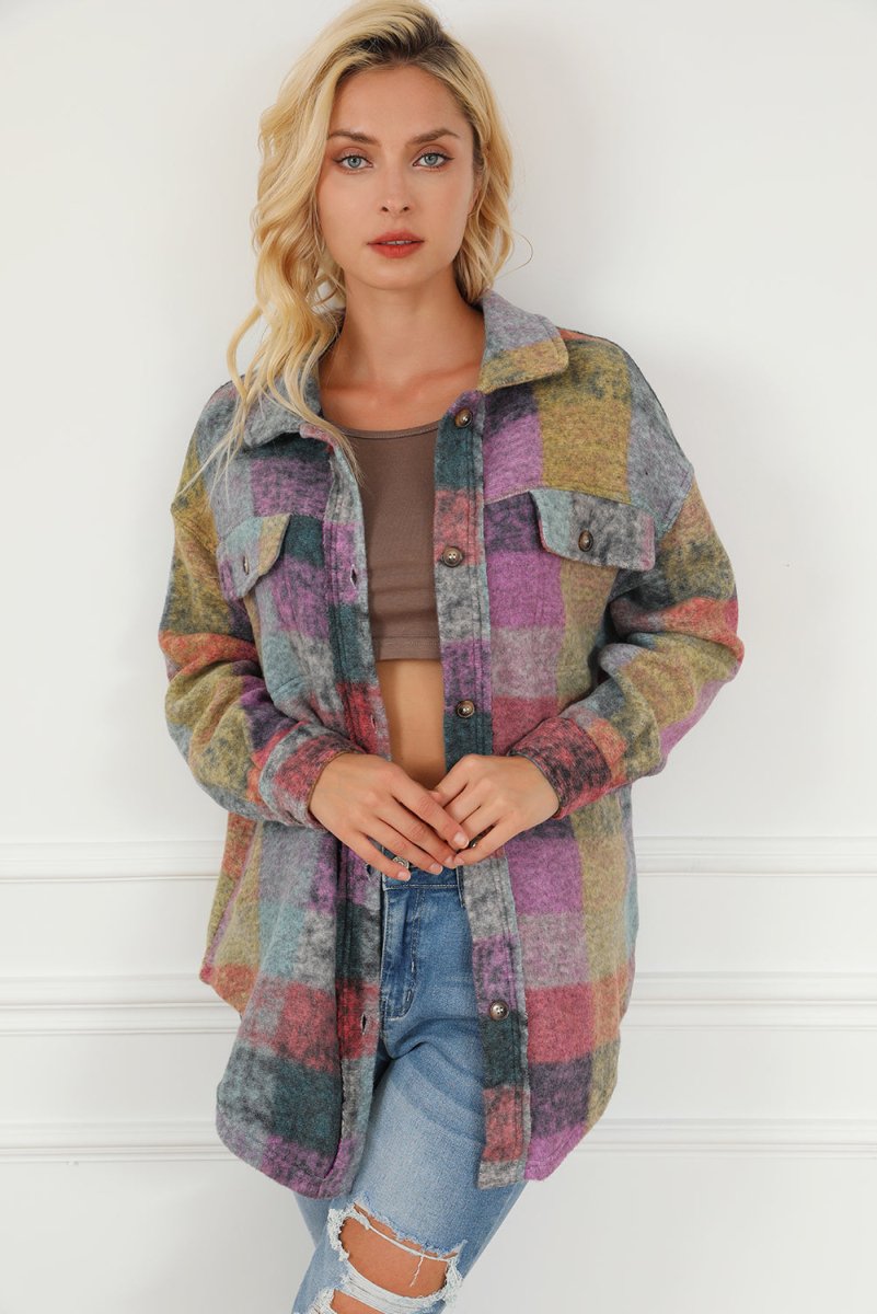 Plaid Collared Neck Button Front Jacket - Outerwear