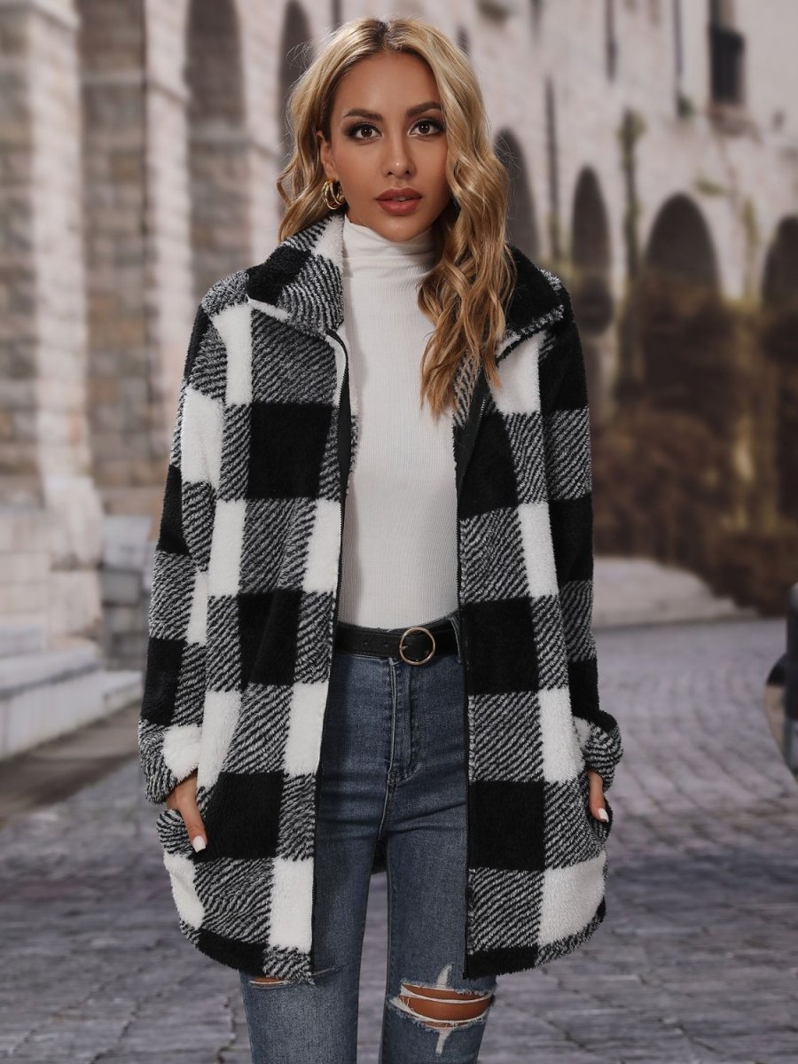 Plaid Collared Neck Coat with Pockets - Outerwear