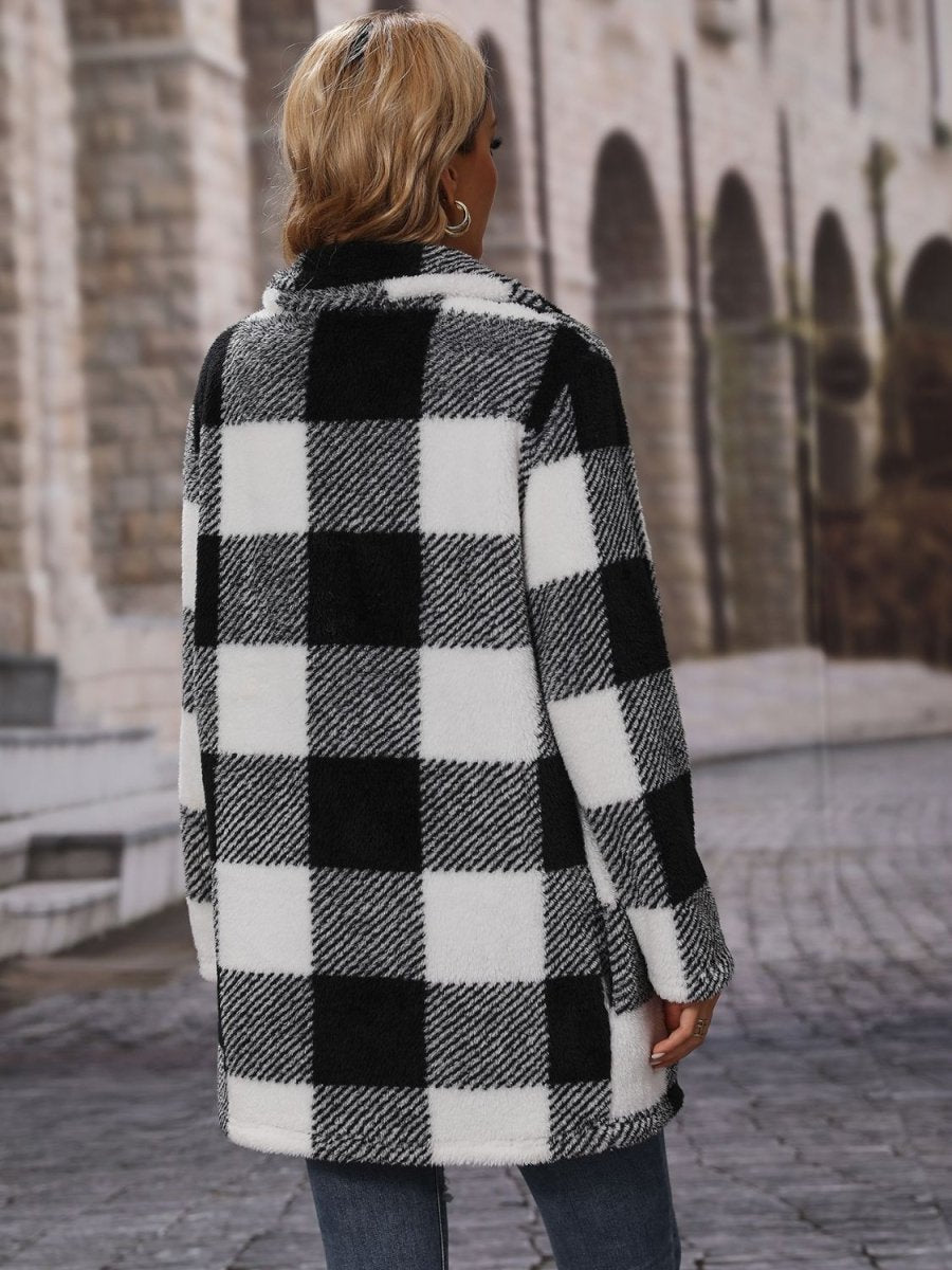 Plaid Collared Neck Coat with Pockets - Outerwear