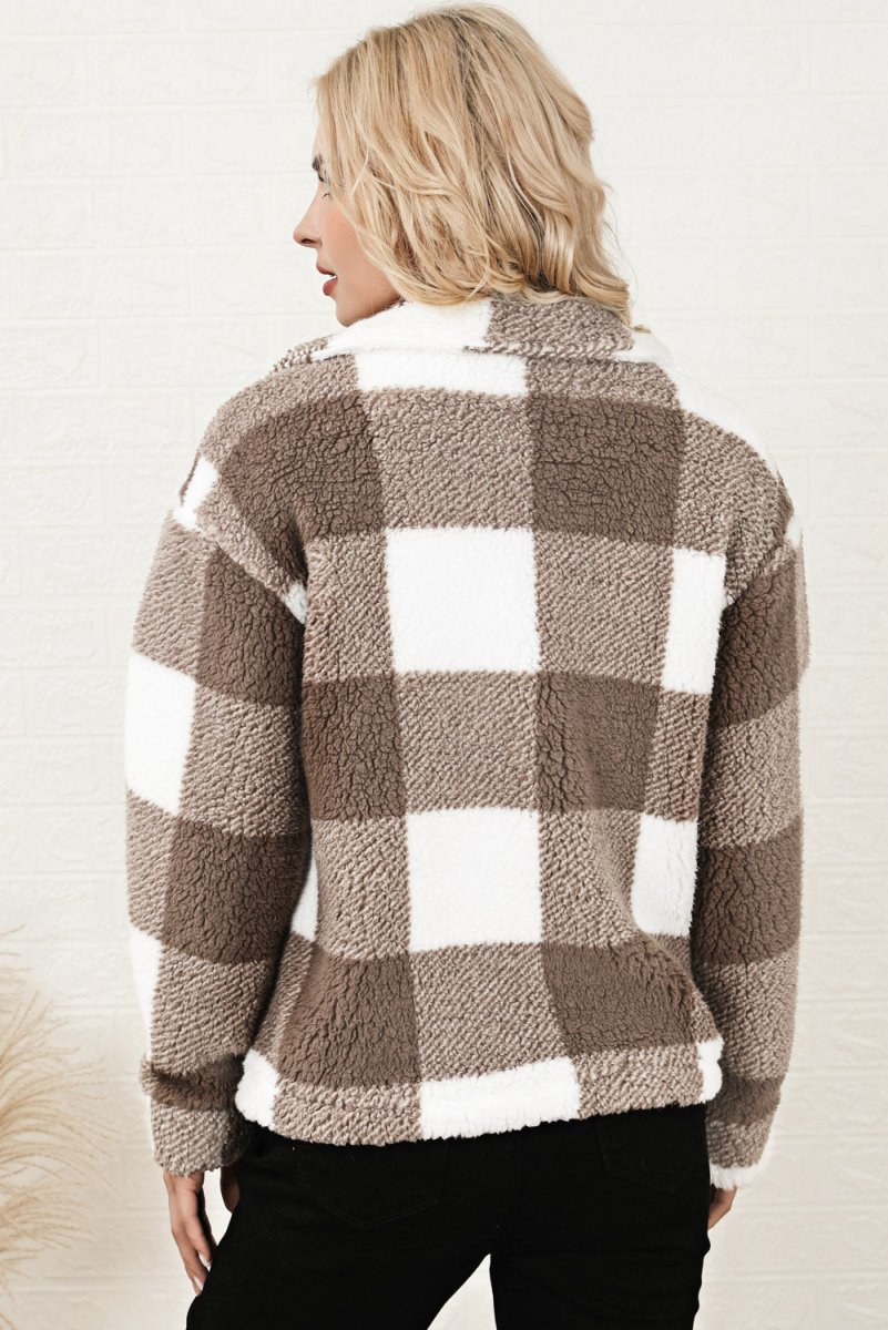Plaid Collared Neck Drop Shoulder Jacket - Outerwear