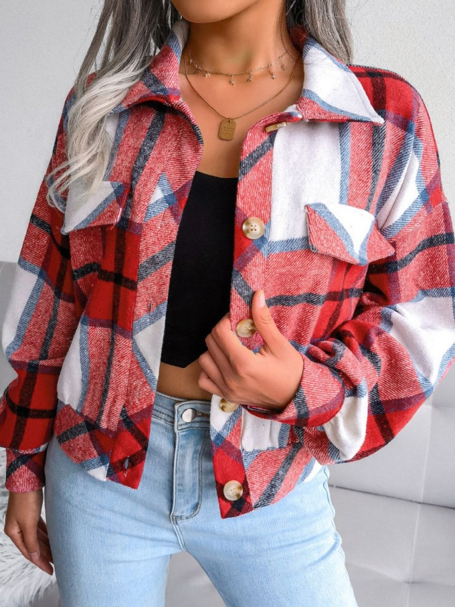 Plaid Collared Neck Drop Shoulder Jacket - Outerwear