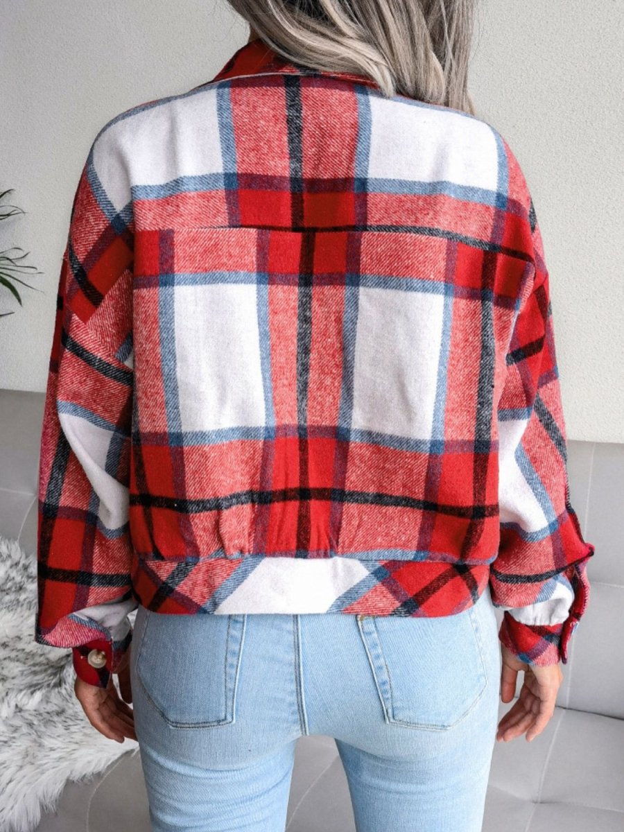 Plaid Collared Neck Drop Shoulder Jacket - Outerwear