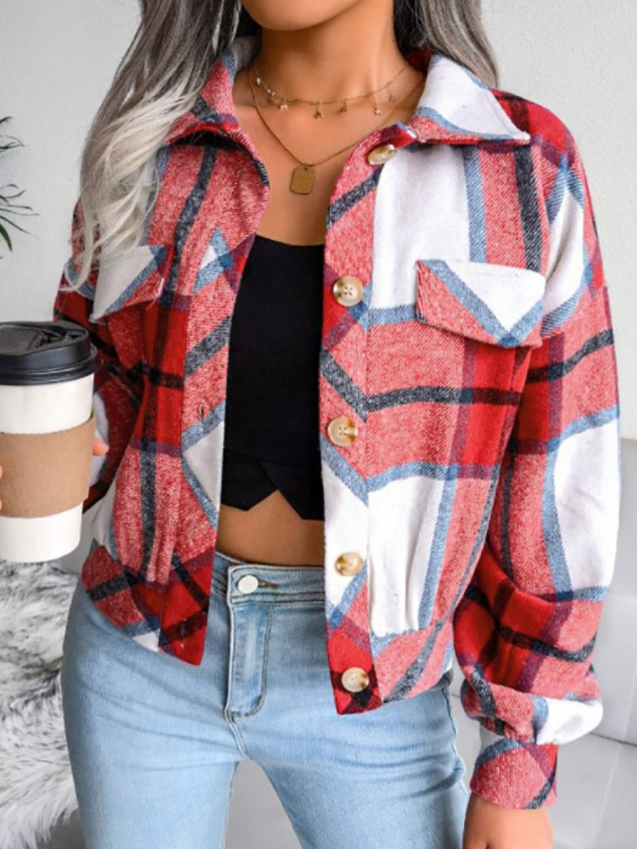 Plaid Collared Neck Drop Shoulder Jacket - Outerwear