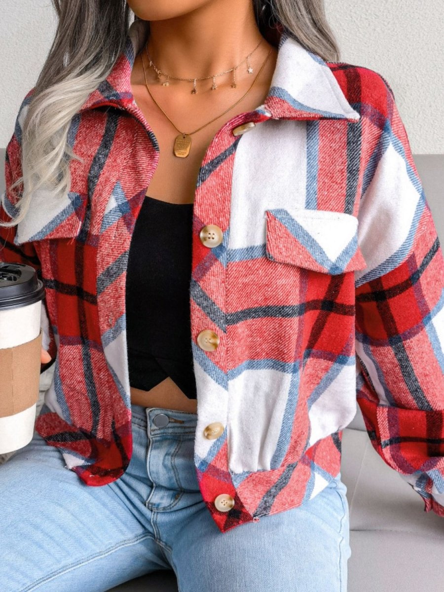 Plaid Collared Neck Drop Shoulder Jacket - Outerwear