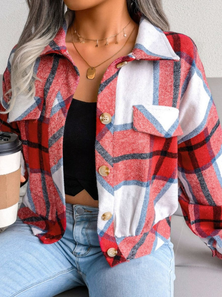 Plaid Collared Neck Drop Shoulder Jacket - Outerwear