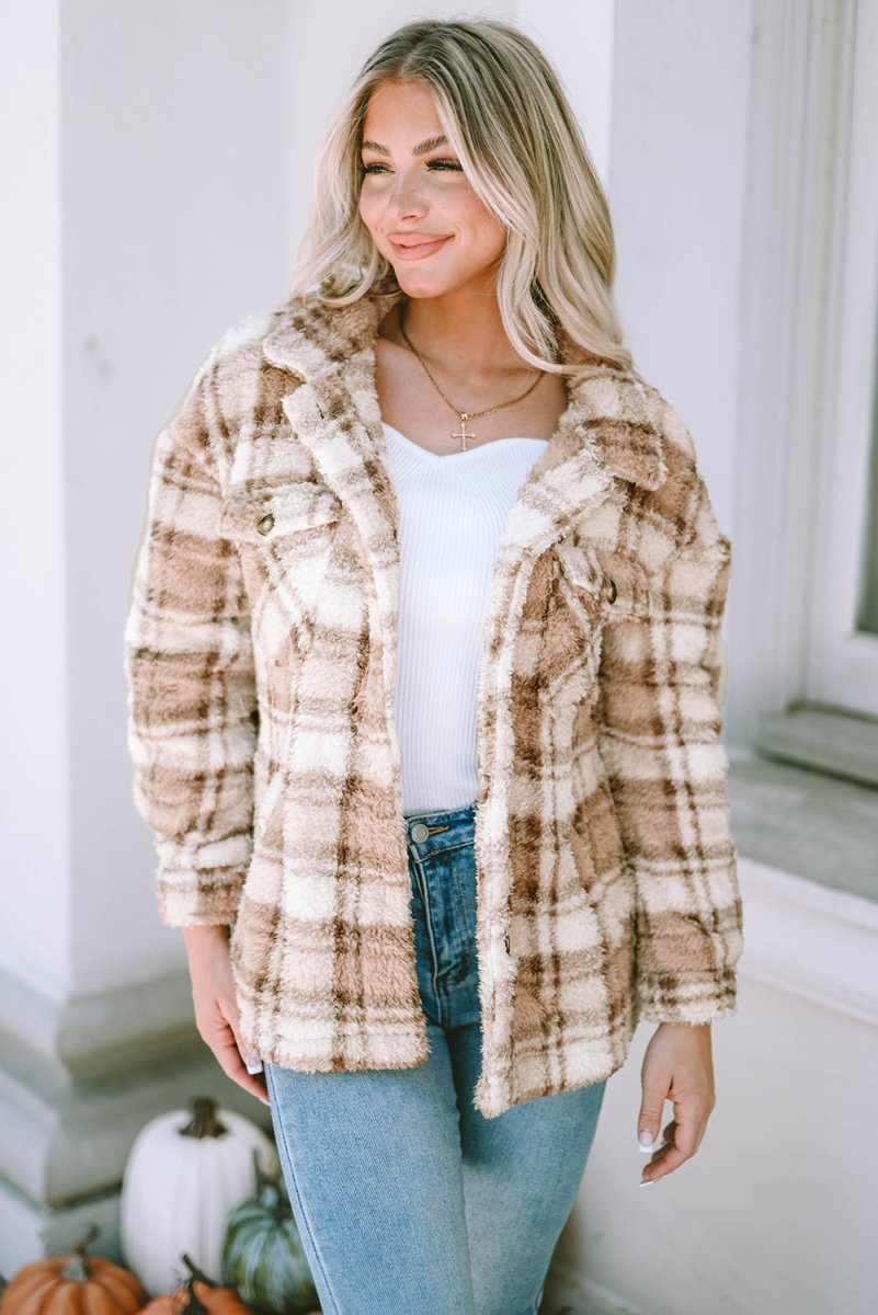 Plaid Collared Neck Jacket - Outerwear