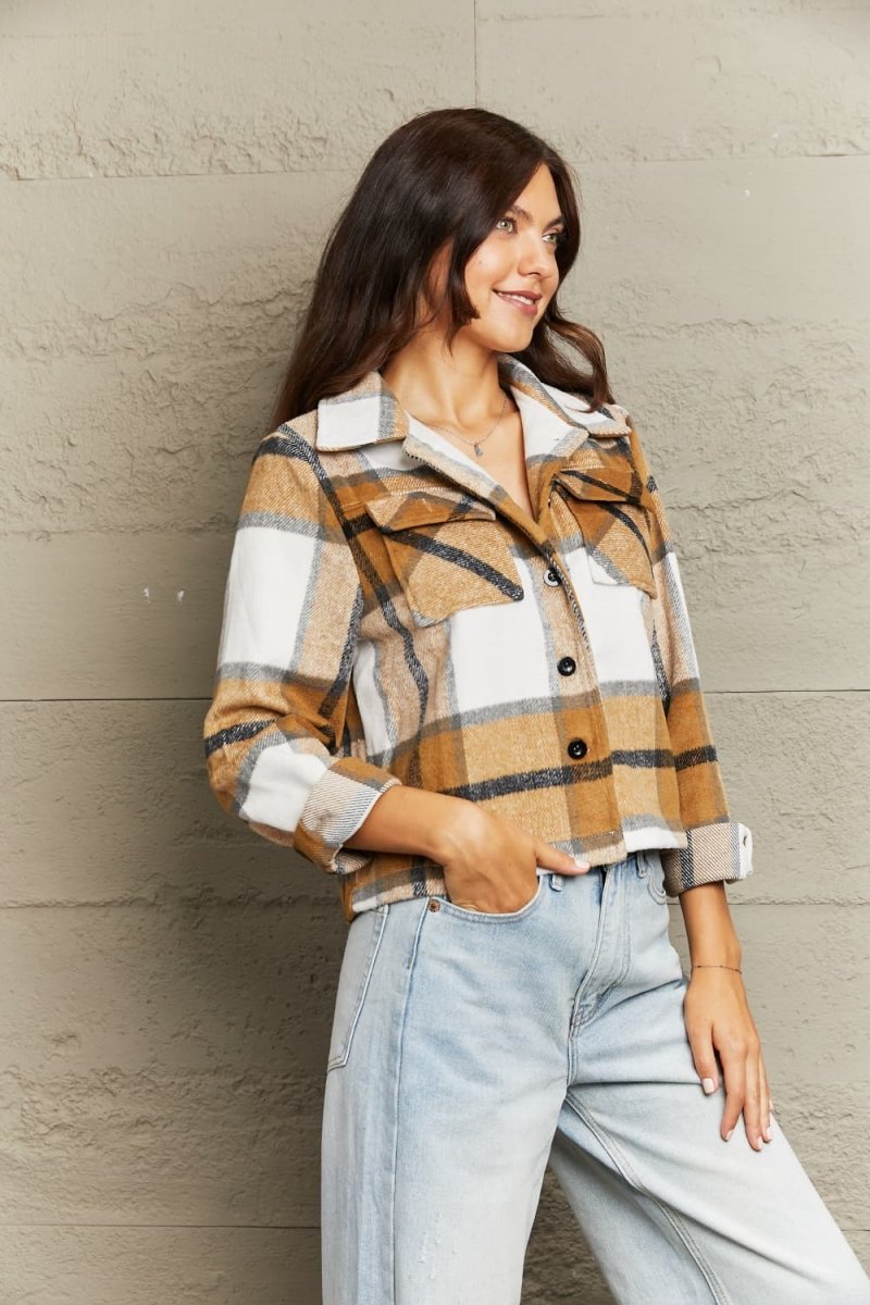 Plaid Collared Neck Jacket with Breast Pockets - Outerwear