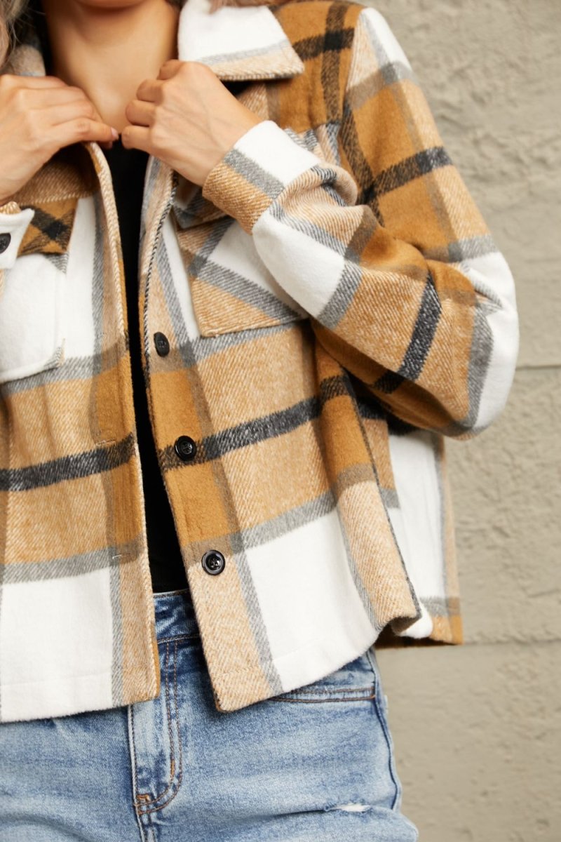 Plaid Collared Neck Jacket with Breast Pockets - Outerwear