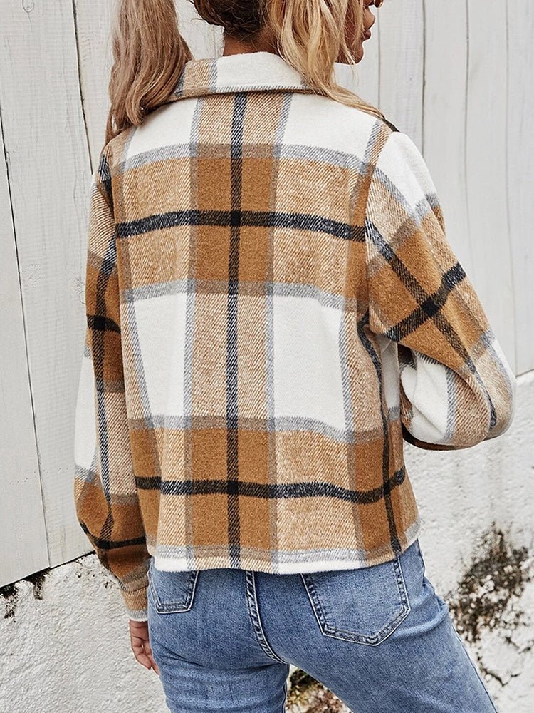 Plaid Collared Neck Jacket with Breast Pockets - Outerwear