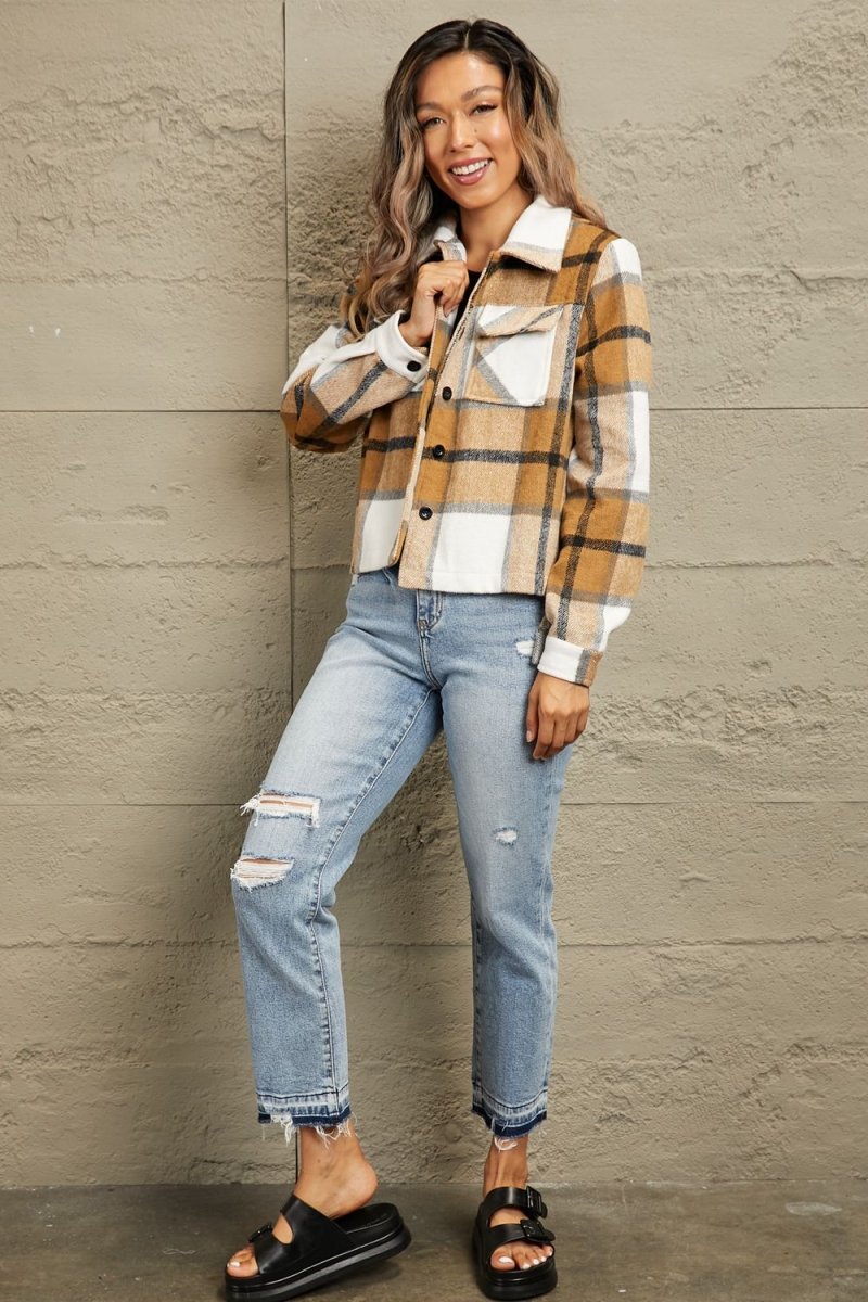 Plaid Collared Neck Jacket with Breast Pockets - Outerwear