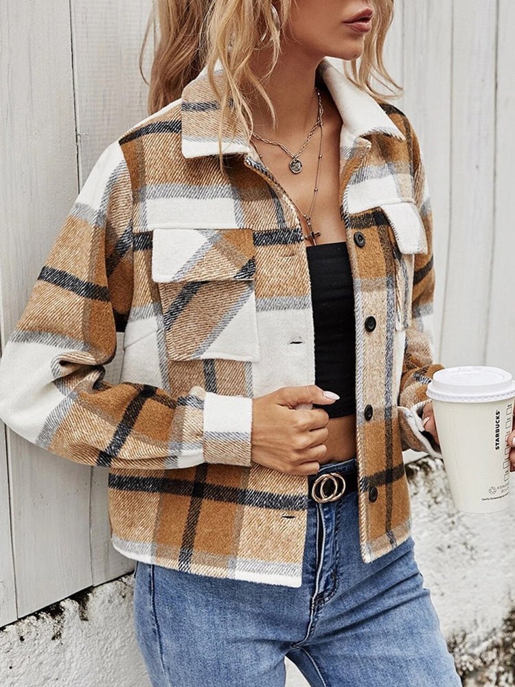 Plaid Collared Neck Jacket with Breast Pockets - Outerwear