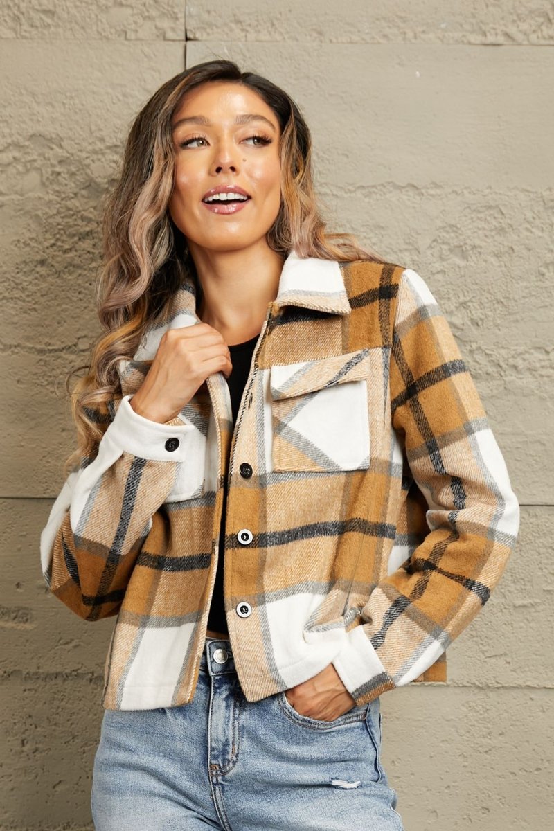 Plaid Collared Neck Jacket with Breast Pockets - Outerwear