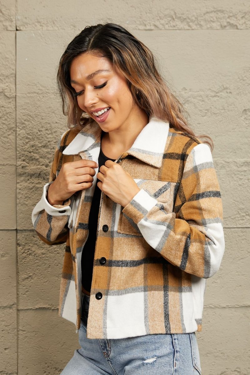 Plaid Collared Neck Jacket with Breast Pockets - Outerwear