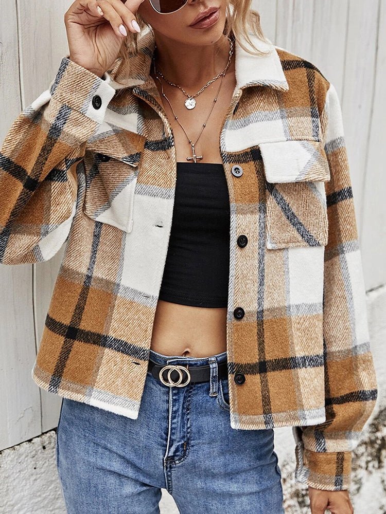 Plaid Collared Neck Jacket with Breast Pockets - Outerwear