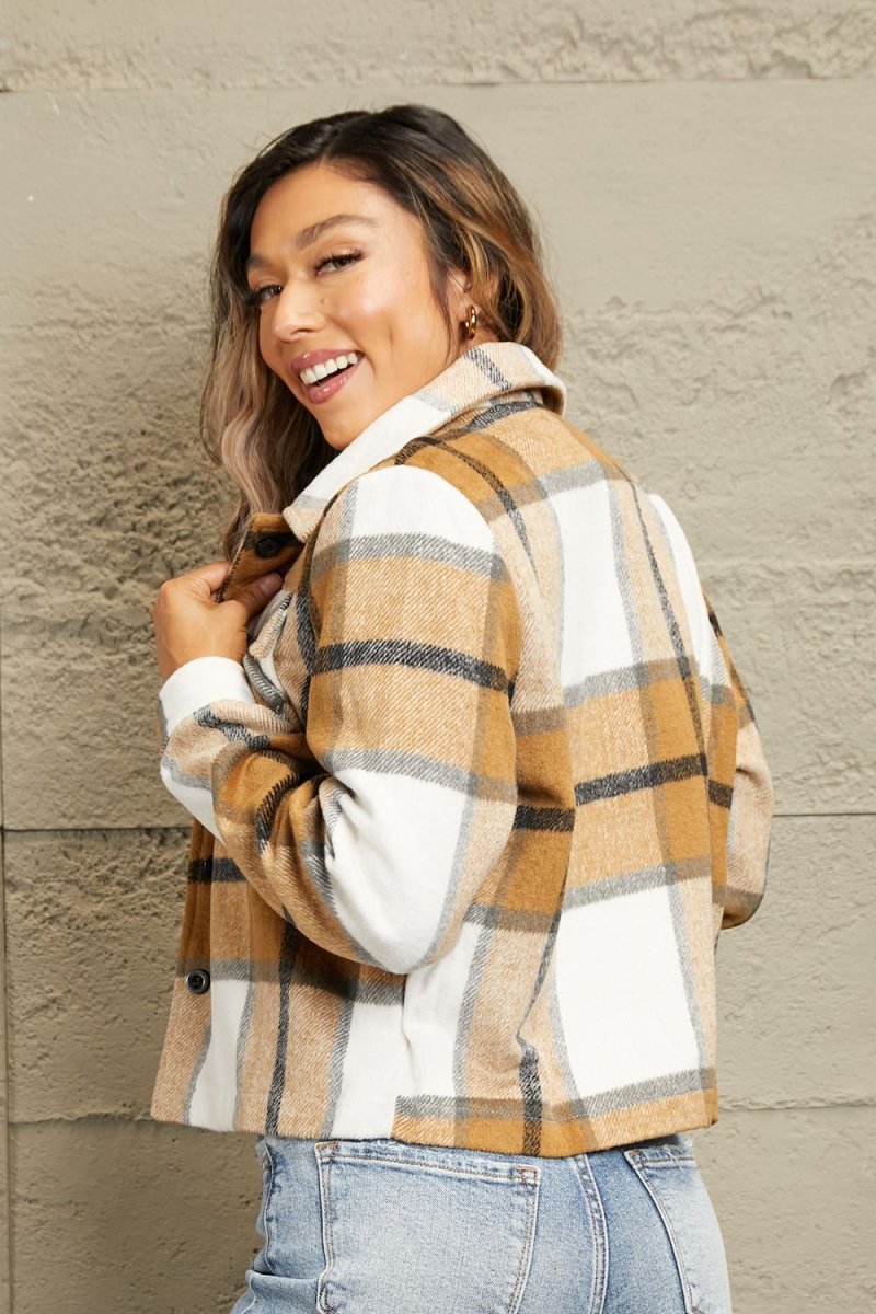 Plaid Collared Neck Jacket with Breast Pockets - Outerwear