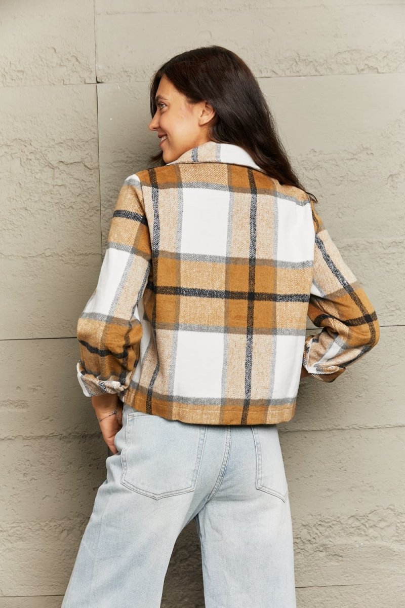 Plaid Collared Neck Jacket with Breast Pockets - Outerwear