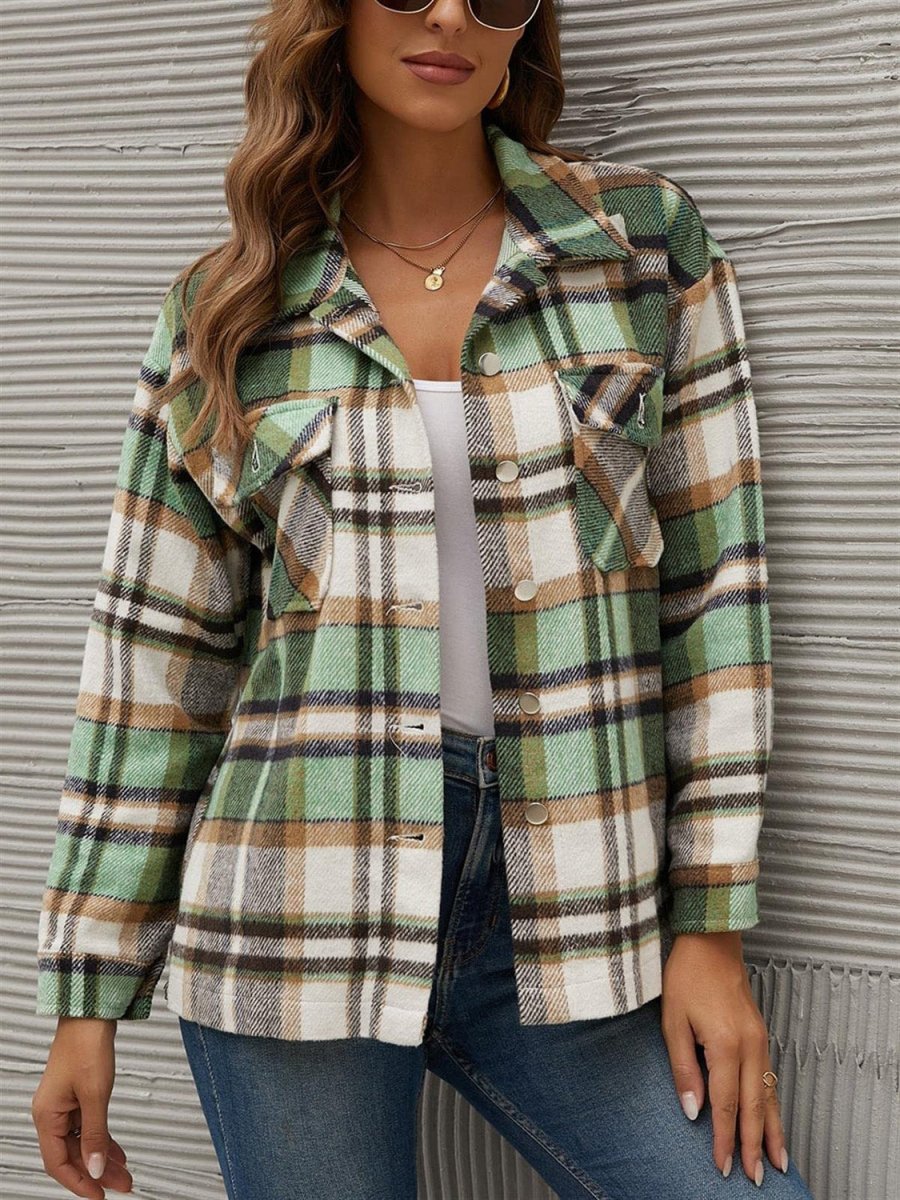 Plaid Collared Neck Long Sleeve Jacket - Outerwear