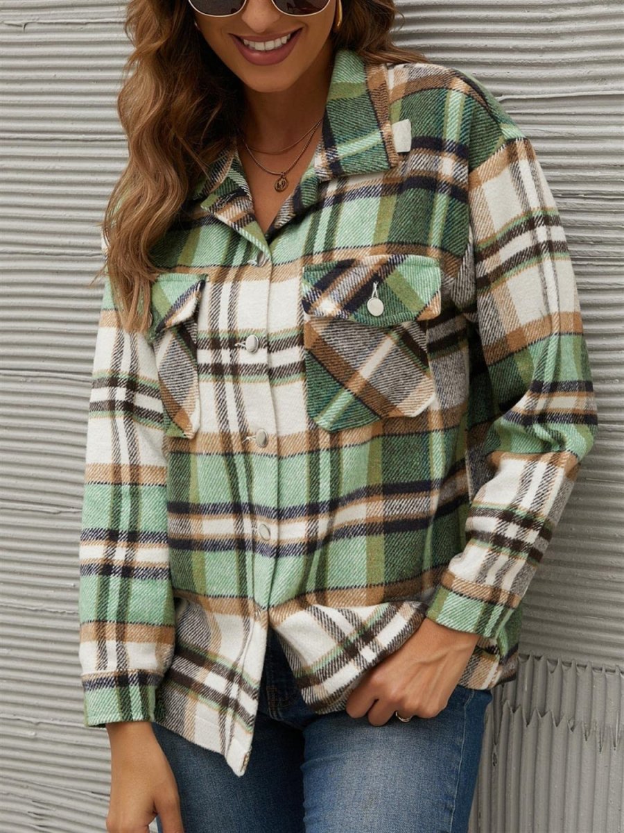Plaid Collared Neck Long Sleeve Jacket - Outerwear