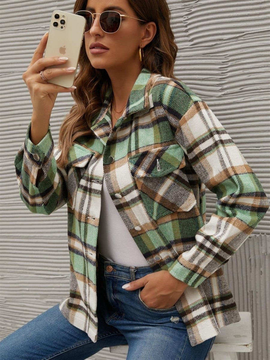 Plaid Collared Neck Long Sleeve Jacket - Outerwear