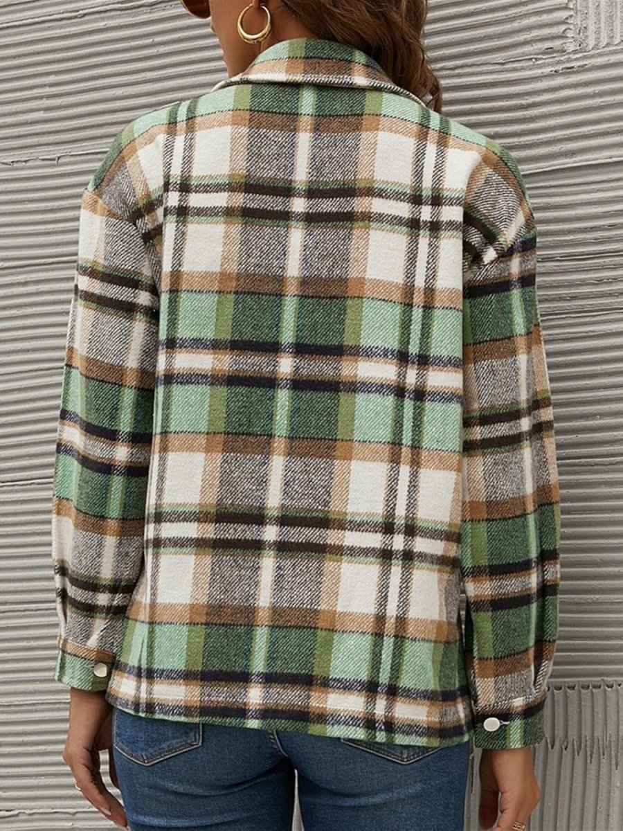 Plaid Collared Neck Long Sleeve Jacket - Outerwear