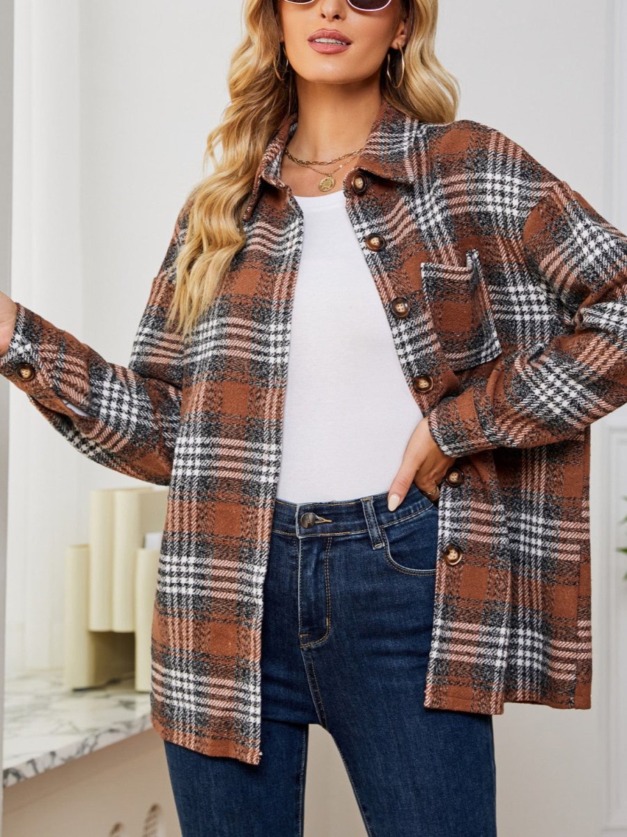 Plaid Collared Shirt Jacket - Outerwear