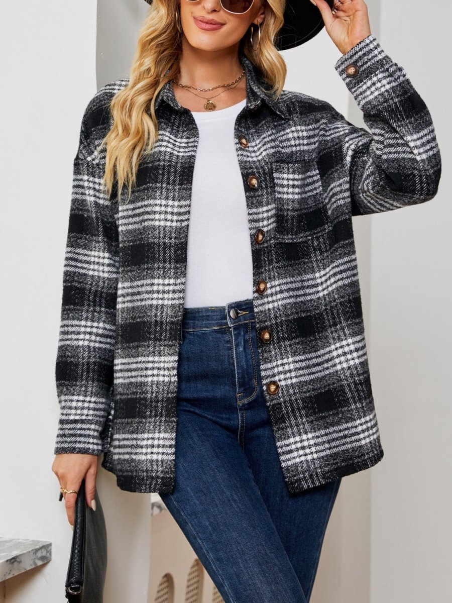 Plaid Collared Shirt Jacket - Outerwear