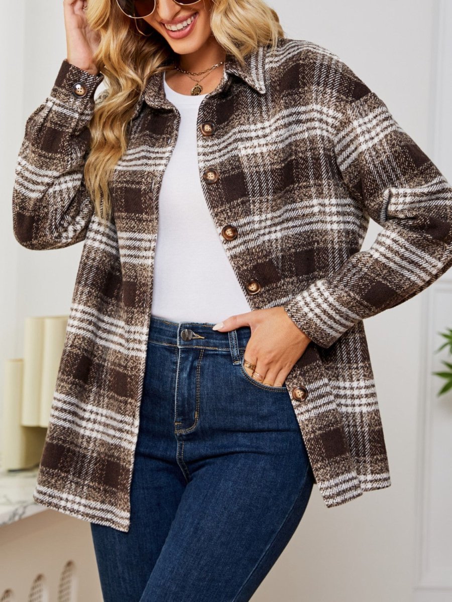 Plaid Collared Shirt Jacket - Outerwear