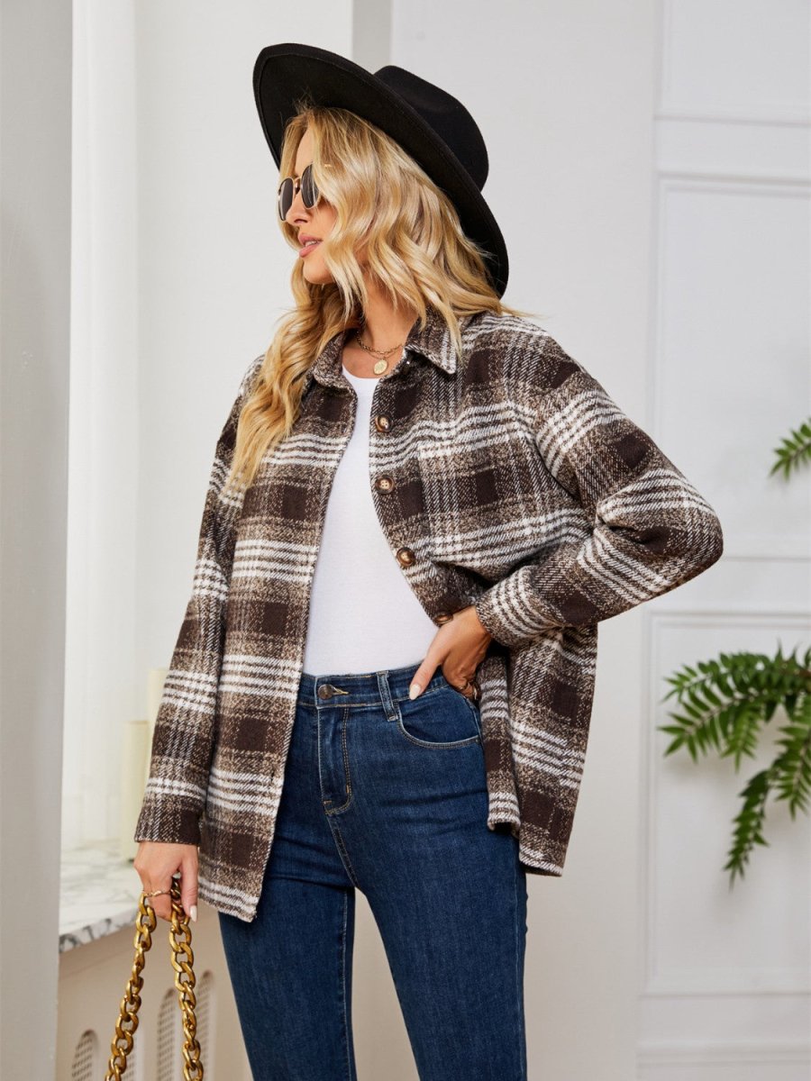 Plaid Collared Shirt Jacket - Outerwear