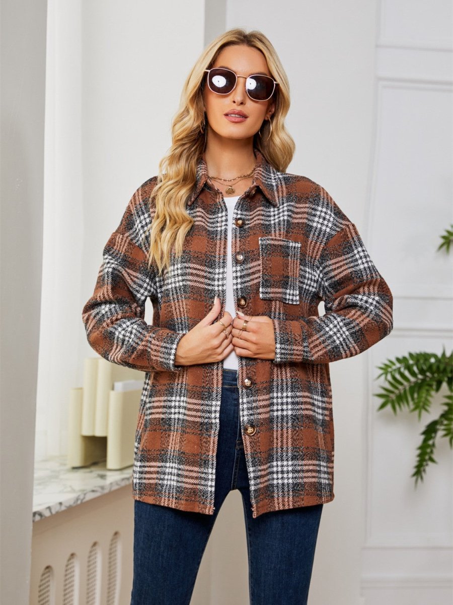 Plaid Collared Shirt Jacket - Outerwear