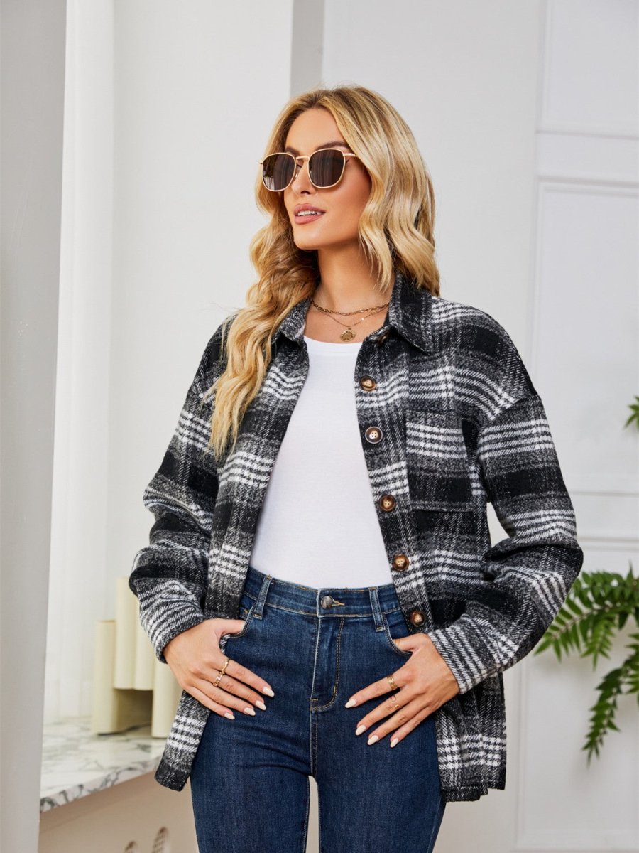 Plaid Collared Shirt Jacket - Outerwear