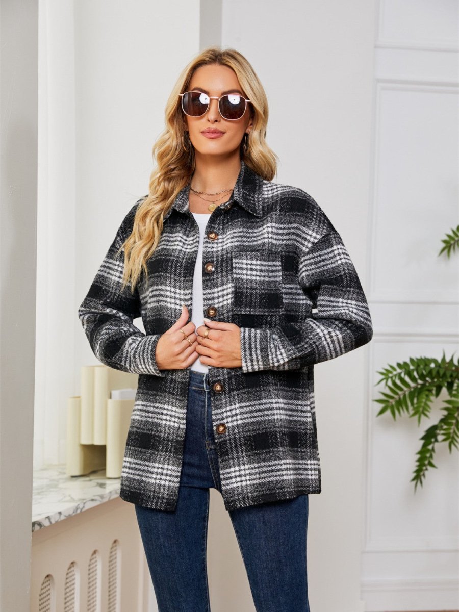 Plaid Collared Shirt Jacket - Outerwear