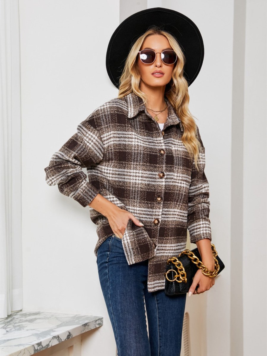 Plaid Collared Shirt Jacket - Outerwear